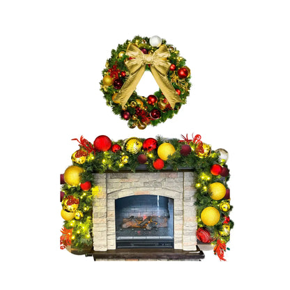 Decorative Christmas wreath with gold bow and colorful ornaments on a fireplace.