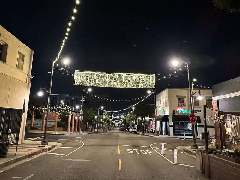 Street scene with decorative festoon lights commercial grade 