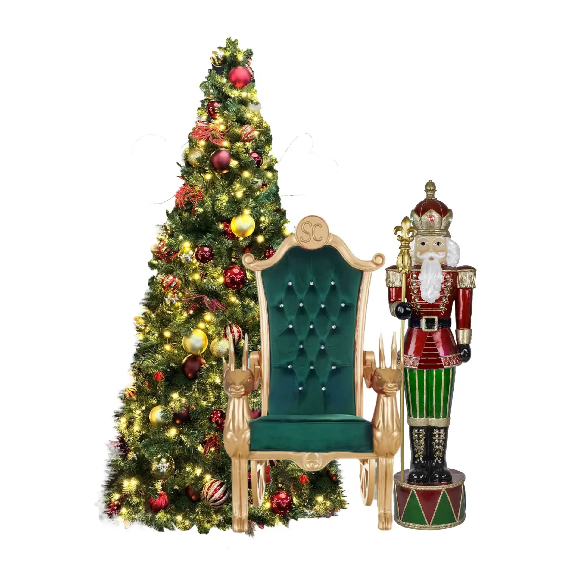 Decorative Christmas scene with a nutcracker, Santa throne, and tree 
