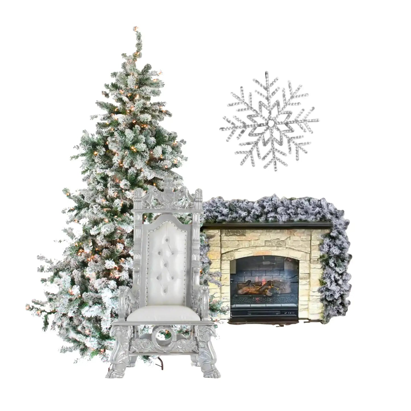 Decorative scene with a Christmas tree, chair, and fireplace
