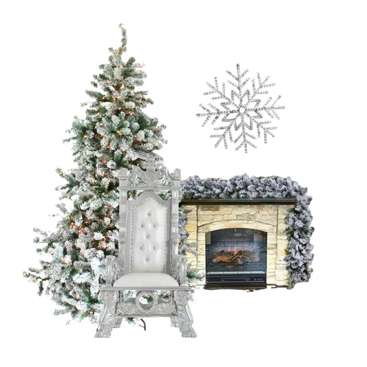 Decorative scene with a Christmas tree, chair, and fireplace