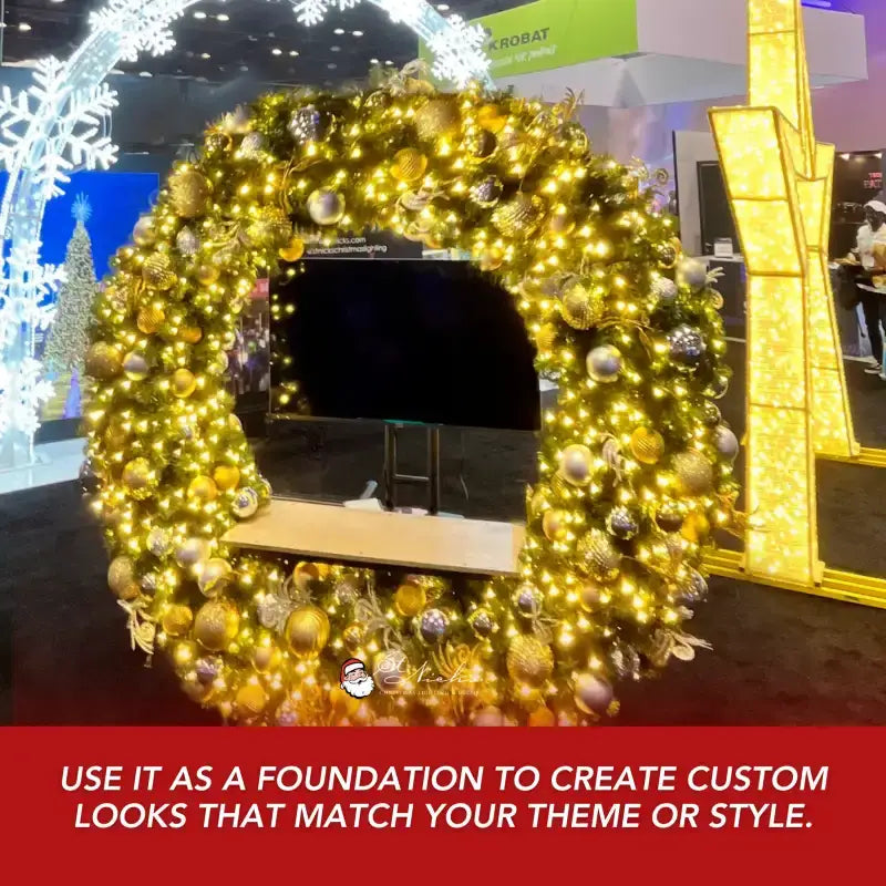 Decorative wreath with lights and ornaments in a festive setting.