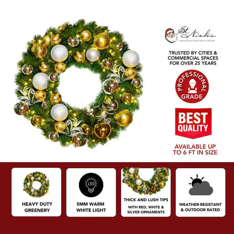 Decorative Christmas wreath with gold, white, and silver ornaments 