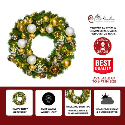 Decorative Christmas wreath with gold, white, and silver ornaments 