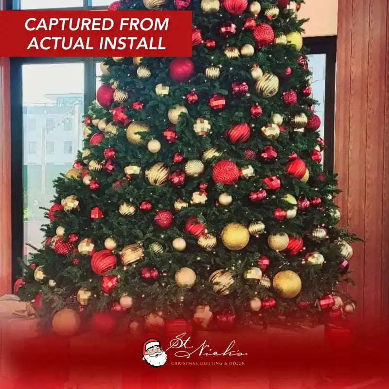 Decorated Christmas tree with red and gold ornaments