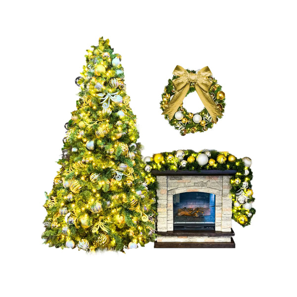 Decorated Christmas tree, wreath, and fireplace garland