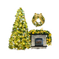 Decorative Christmas tree, wreath, and fireplace garland with gold and green ornaments 
