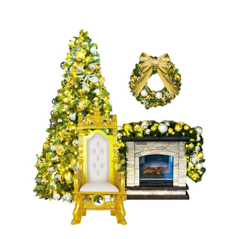 Decorative Christmas tree, chair, and wreath with gold and white ornaments