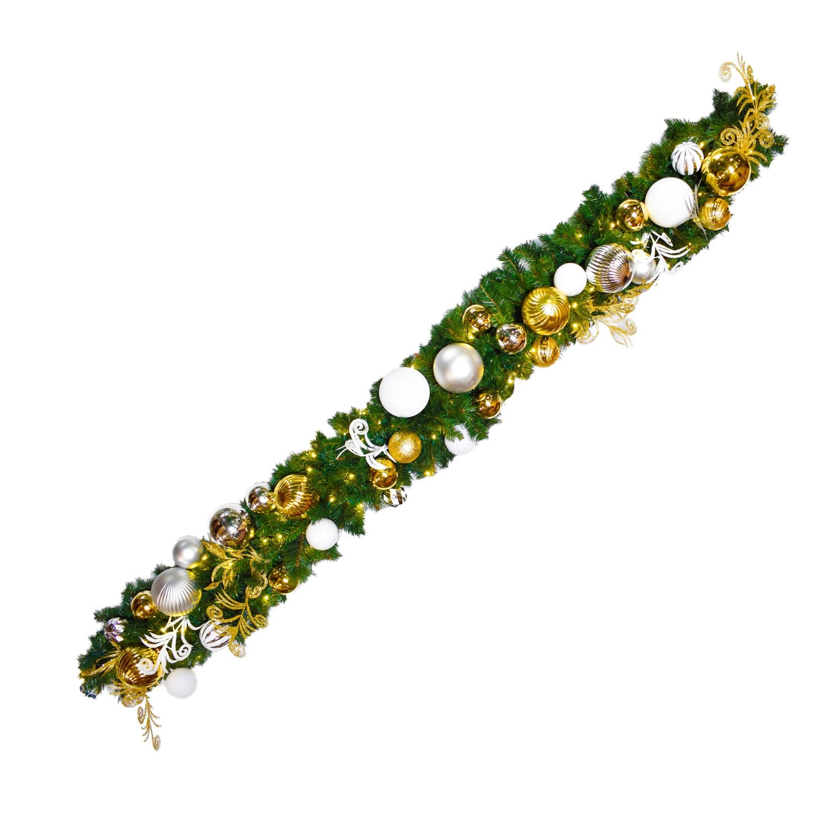green-christmas-decor-garland-predecorated-gold-silver-and-white-w-warm-white-lights-9-x-14-st-nicks-CA