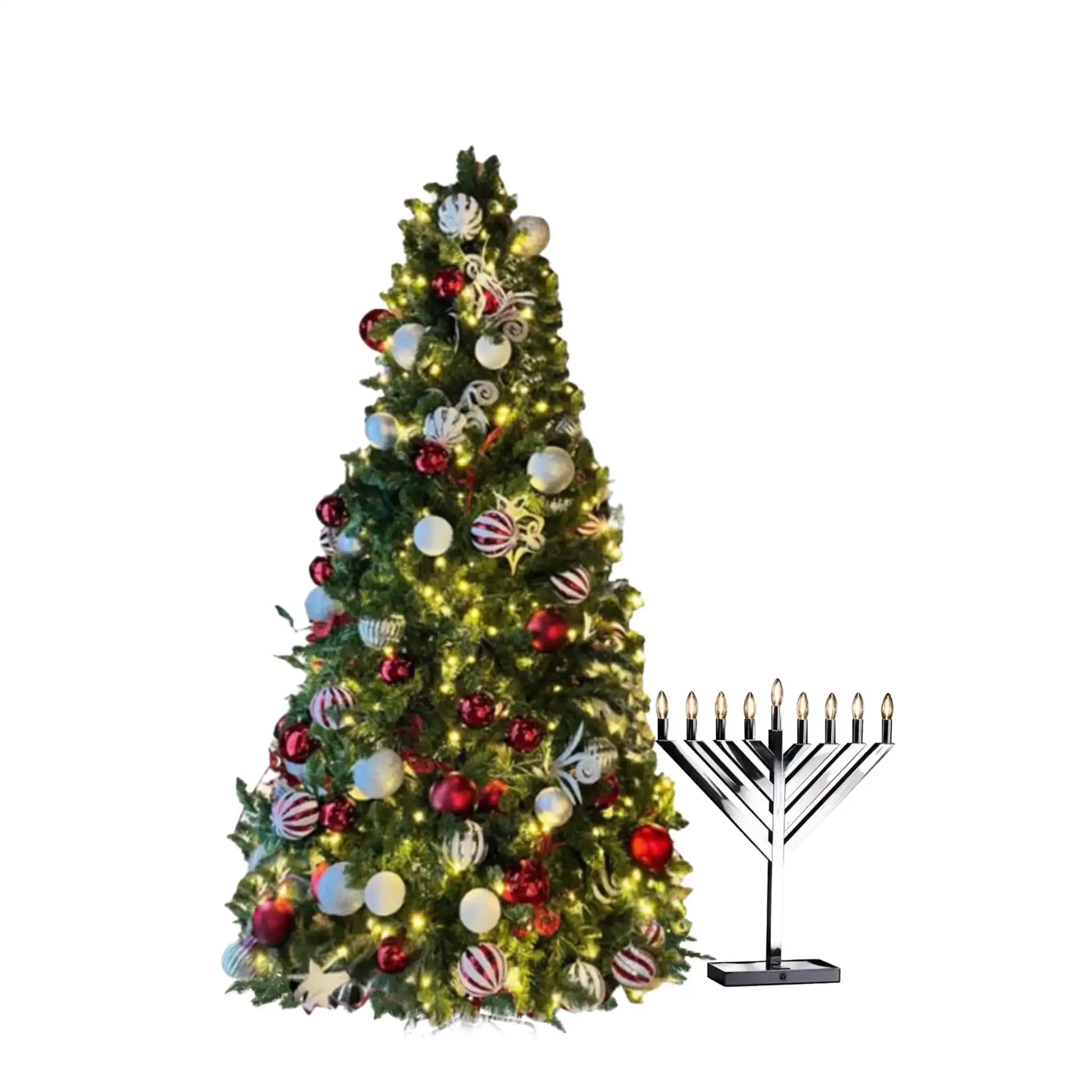 Decorated Christmas tree with colorful ornaments next to a Menorah 