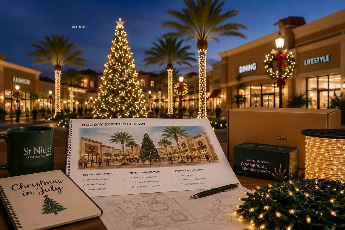 Shopping center holiday lighting display with tree wrapping, walkway lighting, and experiential Christmas décor