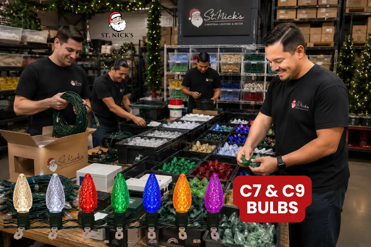 Professional installer planning C7 and C9 Christmas light inventory with bulbs socket wire and clips