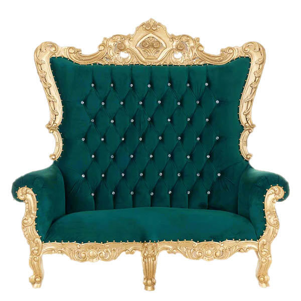 king-caroleous-royal-love-seat-green-gold-velvet-santa-throne