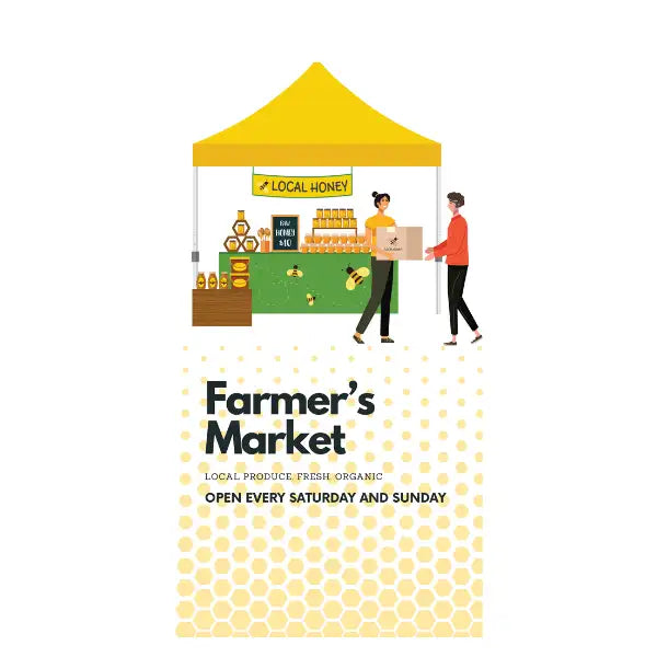 Illustration of a farmer's market with a yellow tent and people interacting, on a white background.