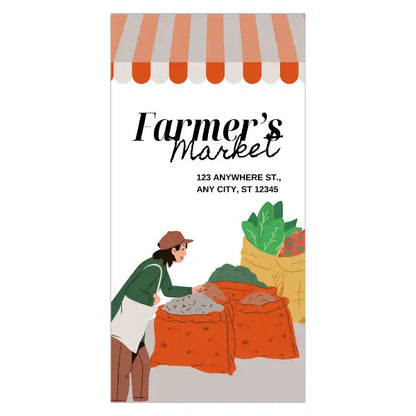 Illustration of a farmer at a market stand with a striped canopy, text for 'Farmer's Market' and address.