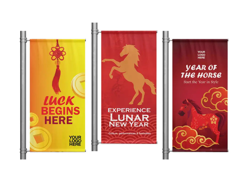 Three promotional banners for Lunar New Year with horse graphics and text.