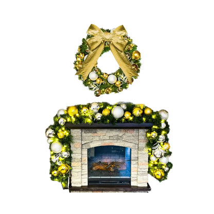 Decorative Christmas wreath with gold bow and ornaments on a fireplace.