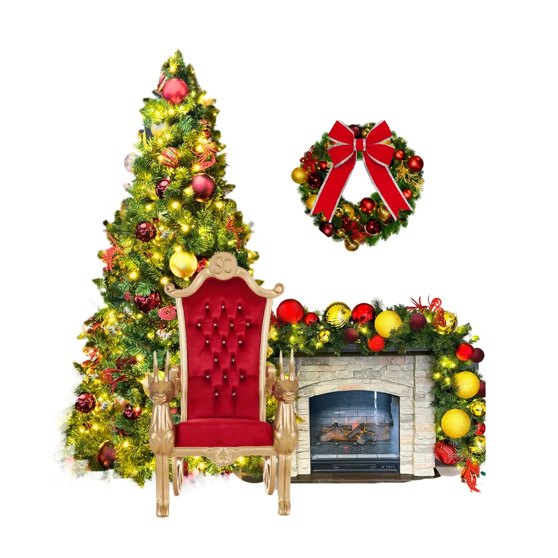 Decorative Christmas scene with a tree, santa chair, wreath, and fireplace.