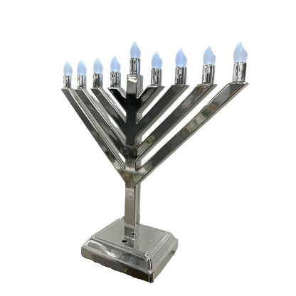 Silver 12 inches Menorah with lit candles 