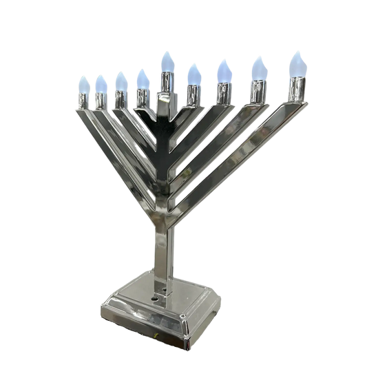 Silver 12 inches Menorah with lit candles 