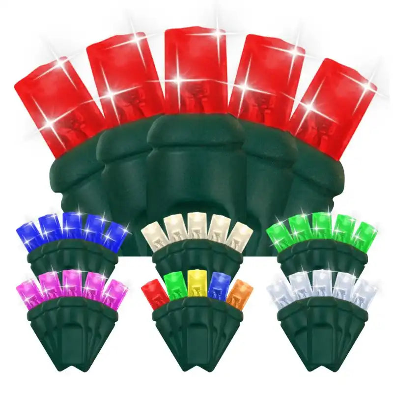 Set of colorful LED light bulbs with green bases