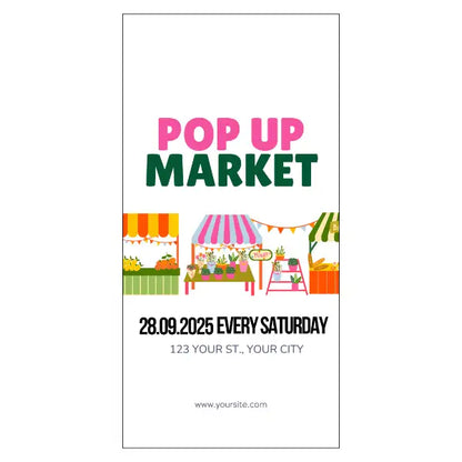 Poster for a pop-up market with colorful market stalls 