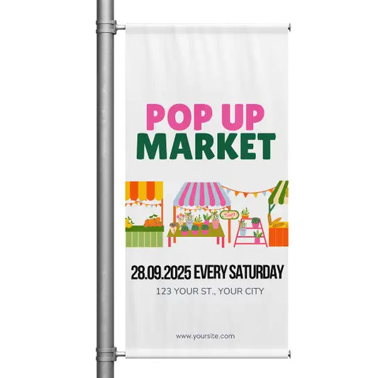 Pop-up market banner with colorful stalls 