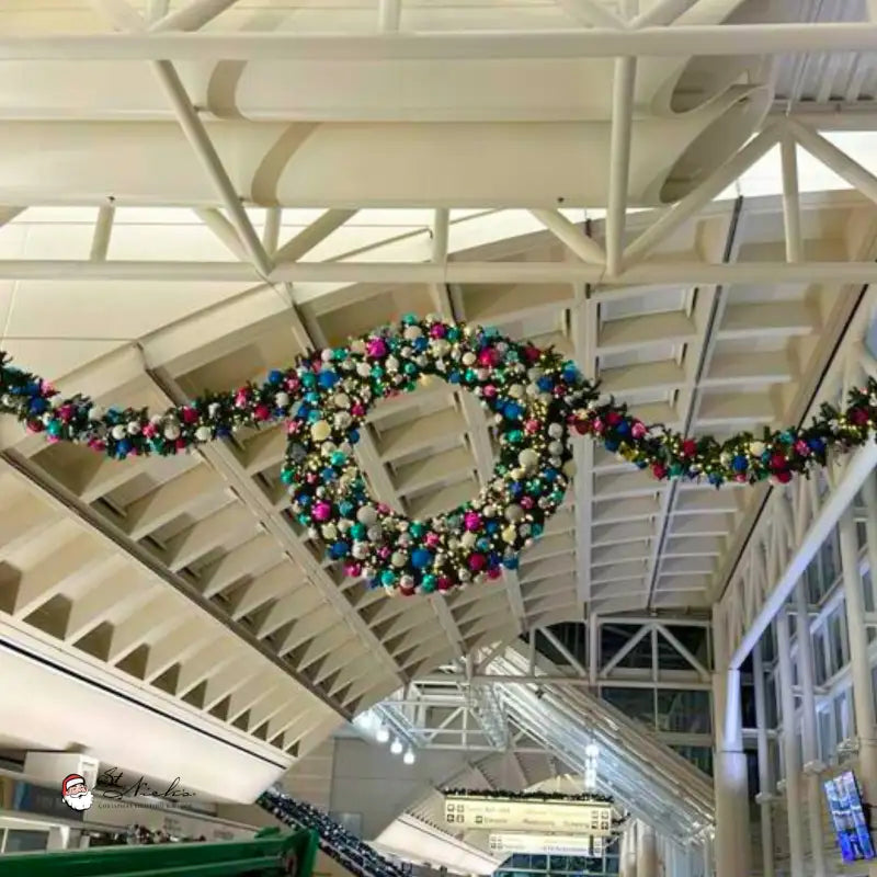 Decorative wreath hanging from a ceiling in a building interior