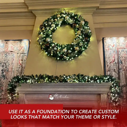 Decorative Christmas wreath and garland on a fireplace 