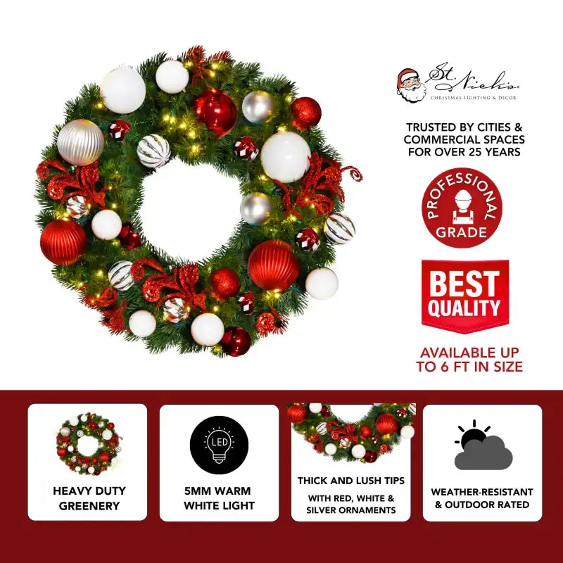 Decorative Christmas wreath with red silver and white ornaments St Nick's product