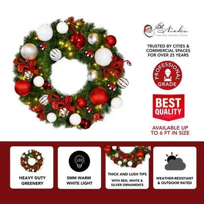 Decorative Christmas wreath with red silver and white ornaments St Nick's product