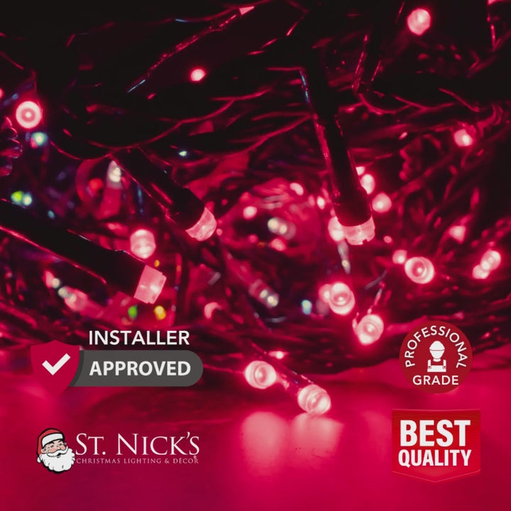 Video showcasing commercial red twinkle LED mini lights for professional indoor and outdoor holiday lighting installations.
