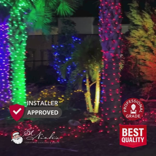 Video showing aqua twinkle 5mm LED mini lights with green wire and 6-inch bulb spacing