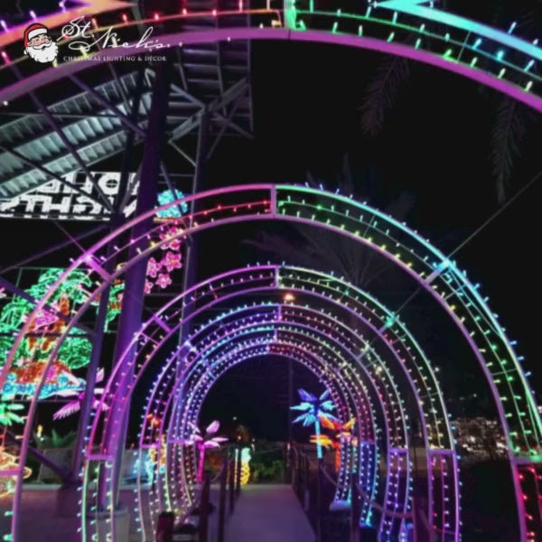 Video showing aqua twinkle 5mm LED mini lights used in a commercial holiday lighting installation