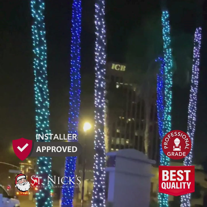 Installer-approved commercial holiday lighting shown wrapped around palm trunks in bright cool white, blue, and aqua tones.