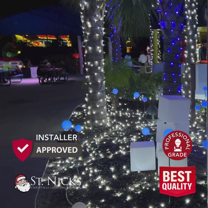 Video showcasing commercial pure white twinkle LED mini lights for professional indoor and outdoor holiday installations.