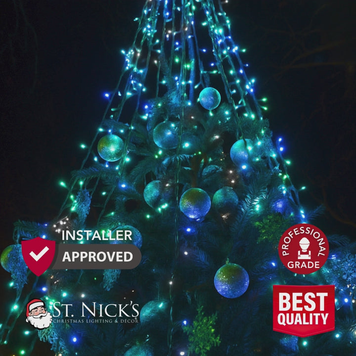 Video showcasing professional aqua, blue, and cool white twinkle LED mini lights on green wire for commercial installations.