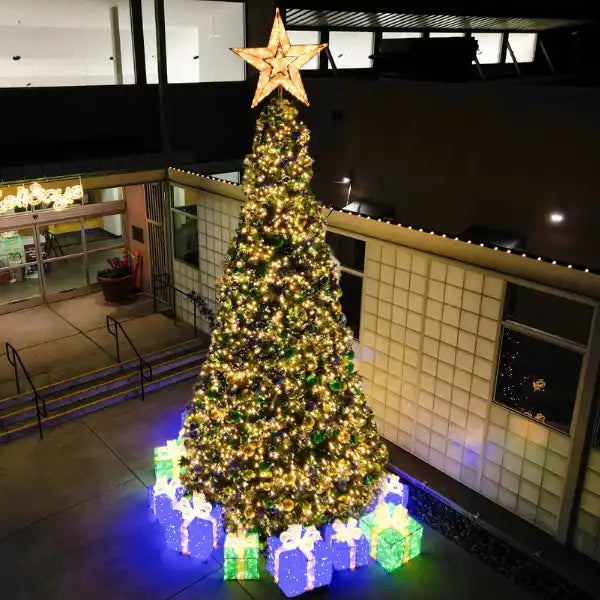 Decorated Christmas tree with lights and star  tree topper