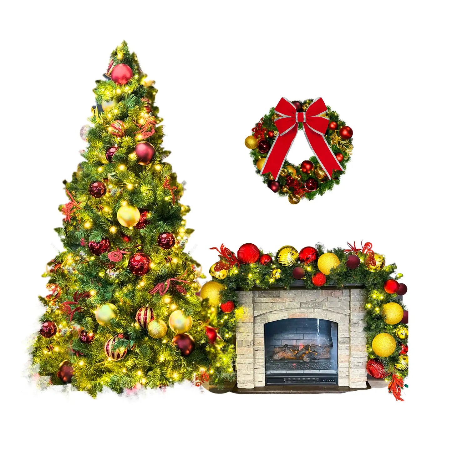 Decorated Christmas tree, wreath, and fireplace garland 