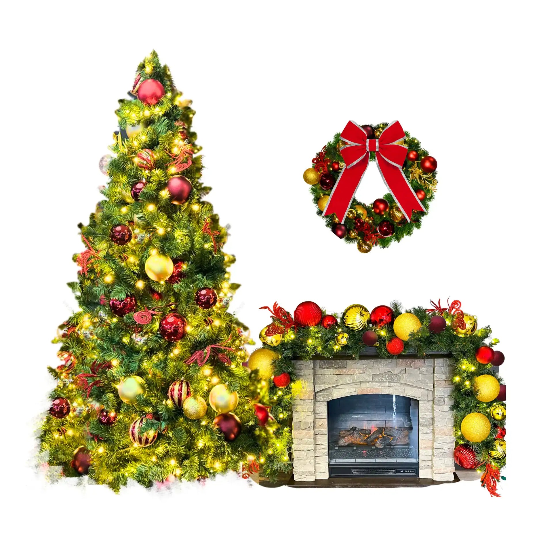 Decorated Christmas tree, wreath, and fireplace garland 