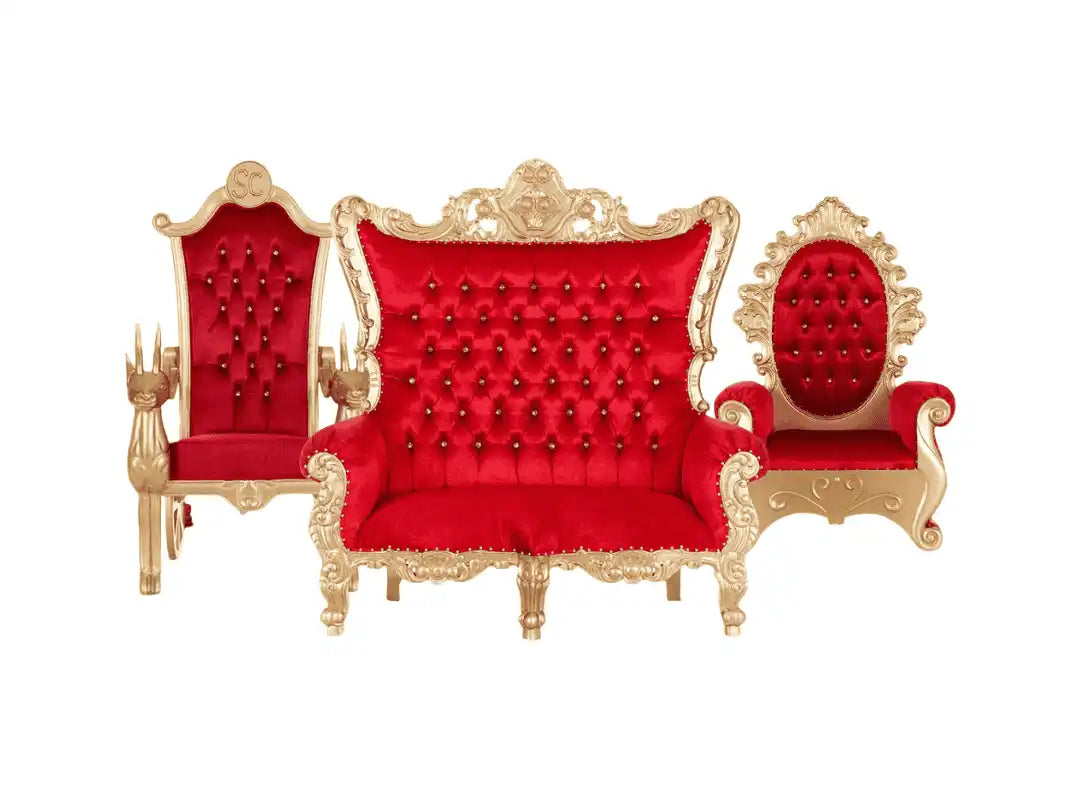 Red throne-style chairs with gold accents 