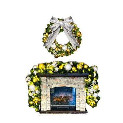 Decorative Christmas wreath with gold and silver ornaments on a fireplace.