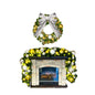 Decorative Christmas wreath with gold and silver ornaments on a fireplace.