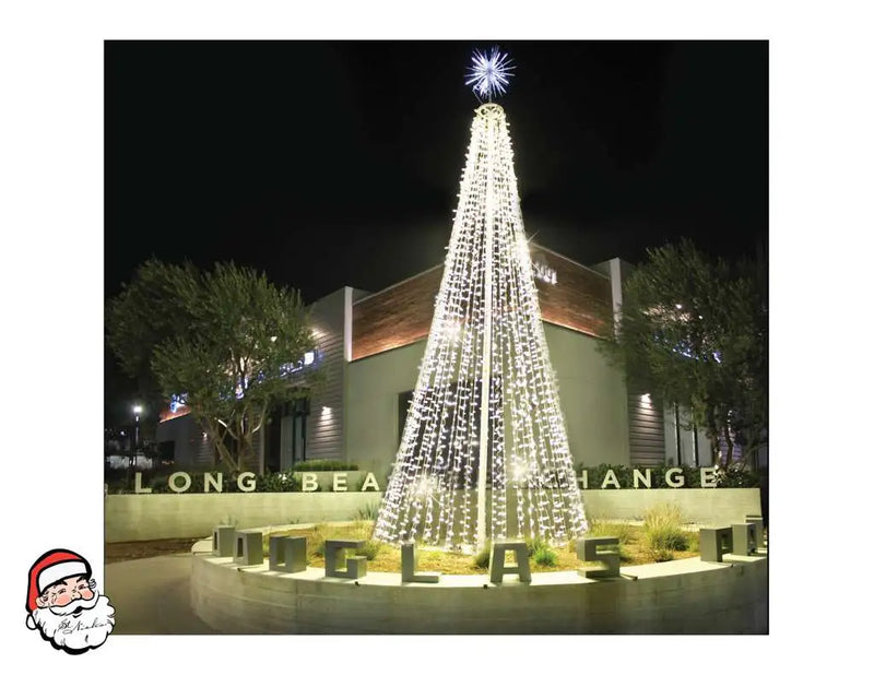Decorative Christmas tree with lights in front of a building 