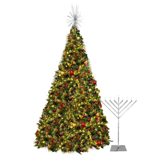 Decorated Christmas tree with lights and ornaments next to a Menorah 
