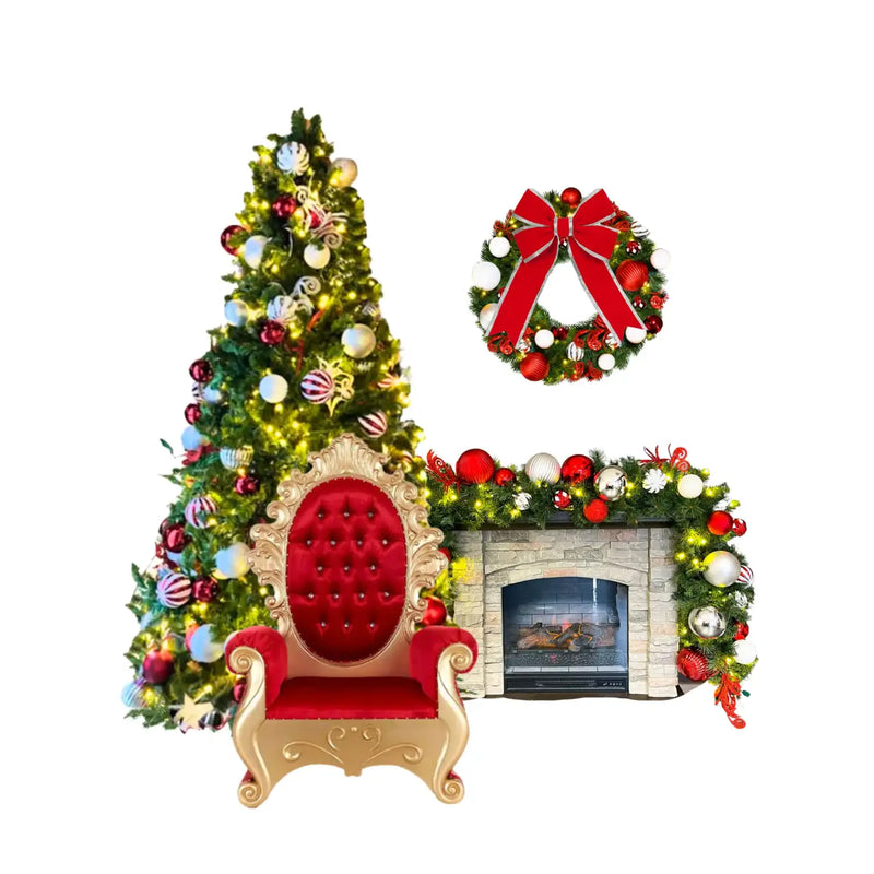 Decorative Christmas scene with a tree, Santa chair, wreath, and fireplace mantel.