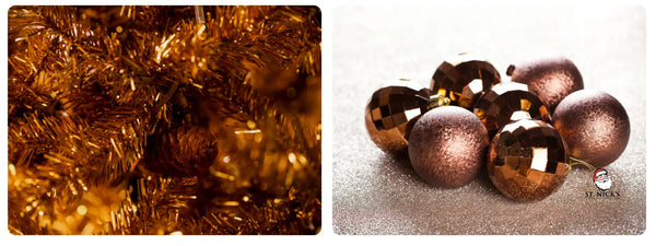brown christmas ornaments and tinsel garland