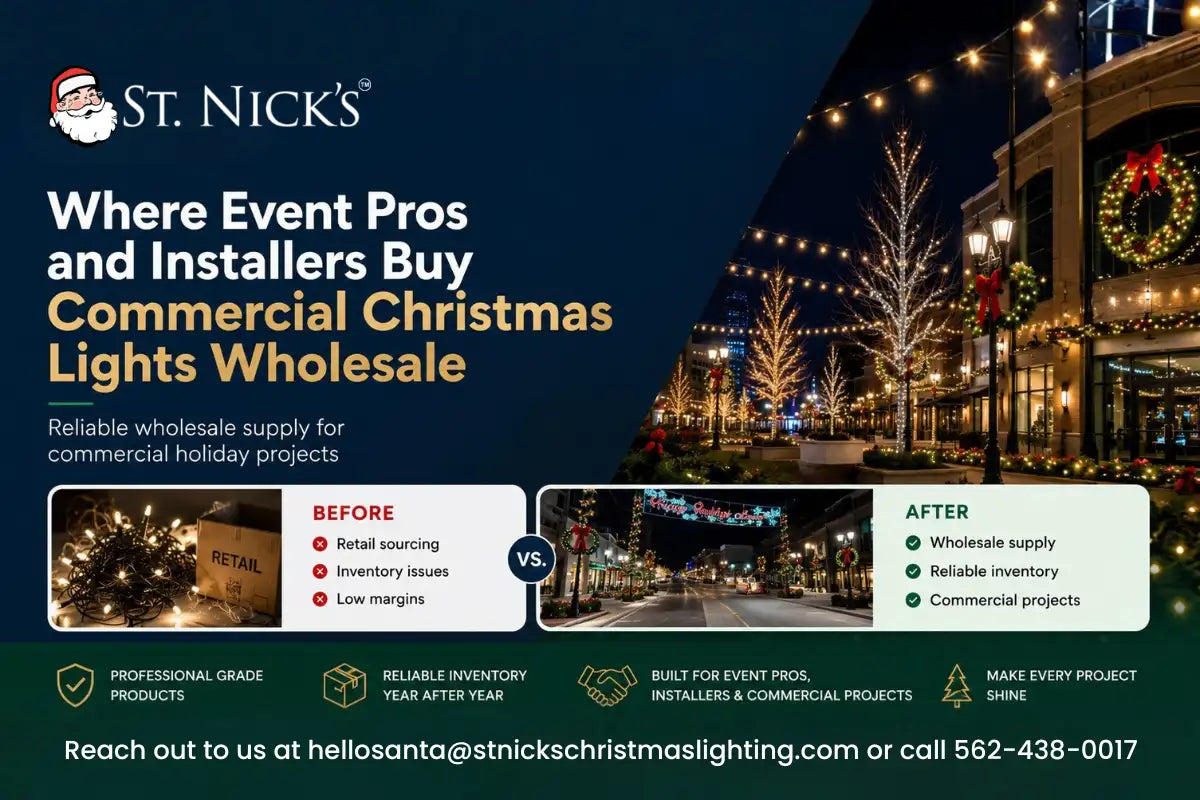 Featured graphic for a commercial Christmas lights wholesale guide for event professionals and professional installers.
