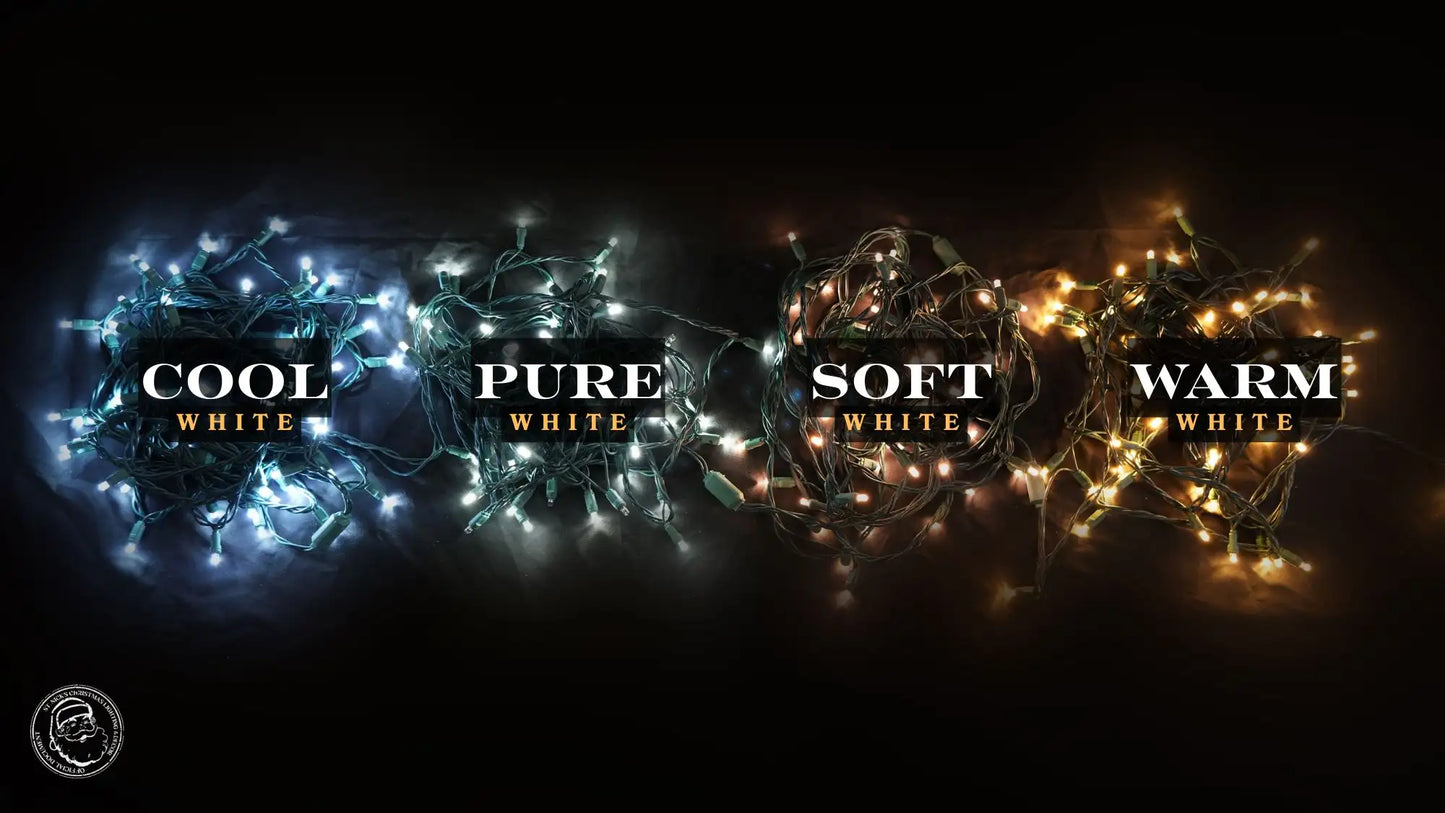 Four types of white light labeled 'Cool White', 'Pure White', 'Soft White', and 'Warm White' by St Nicks
