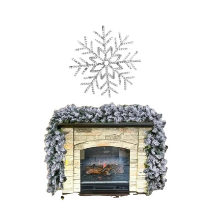 Decorative fireplace with faux fur and a large snowflake 